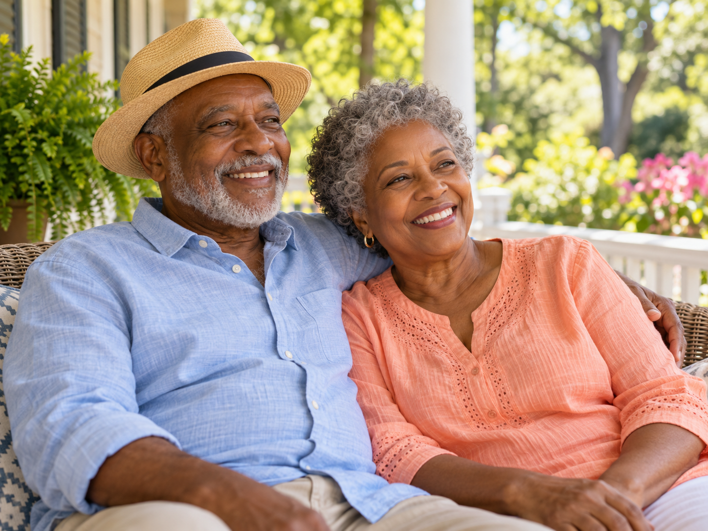 An older couple enjoying time together on a sunny front porch